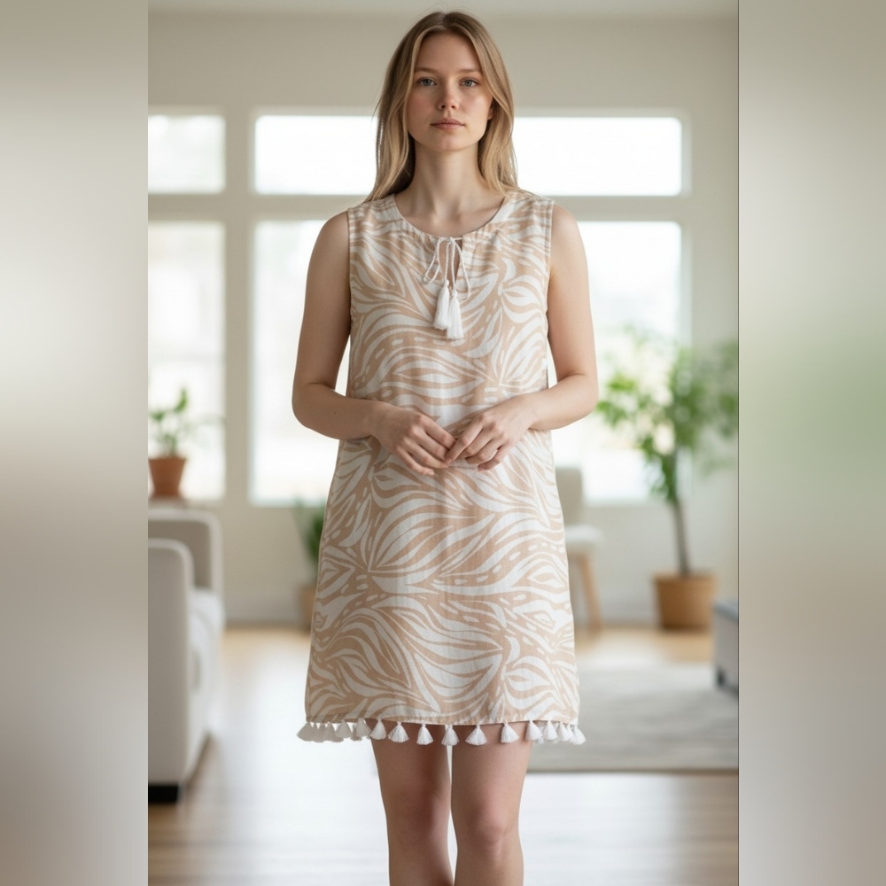 NEW Rachel Zoe Beige & White Zebra Print Tassel Tie-Neck Mini Dress Size Medium